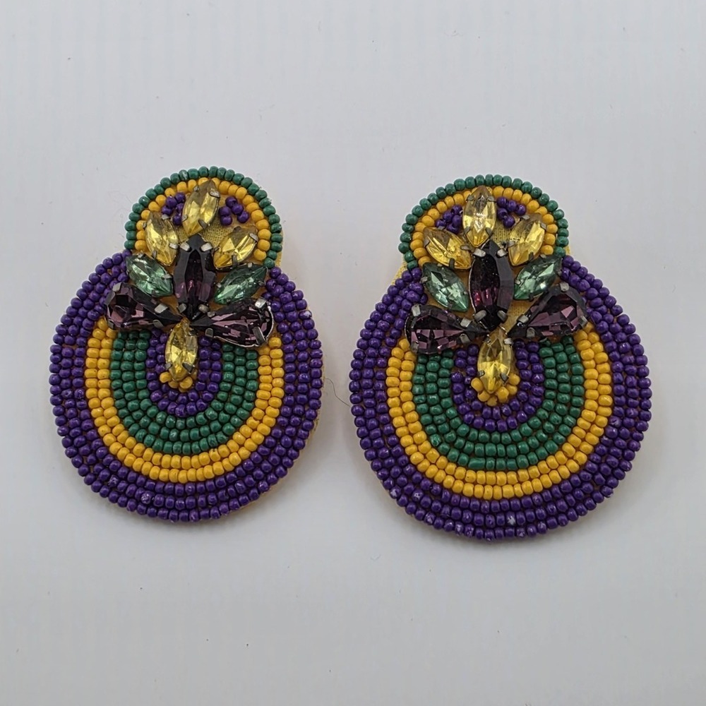 Mardi Gras Beaded Statement Earrings Purple Green Gold Rhinestone Festival